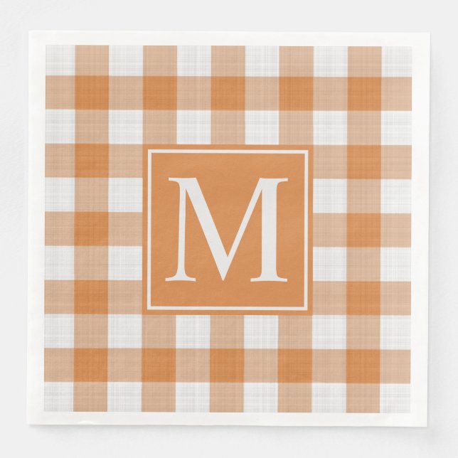 Custom Pumpkin Orange Gingham Pattern Paper Dinner Napkins (Front)