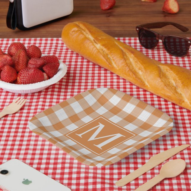 Custom Pumpkin Orange Gingham Pattern Paper Plates (Picnic)