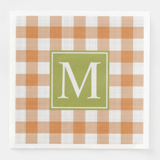 Custom Pumpkin Orange Green Picnic Gingham Pattern Paper Dinner Napkins