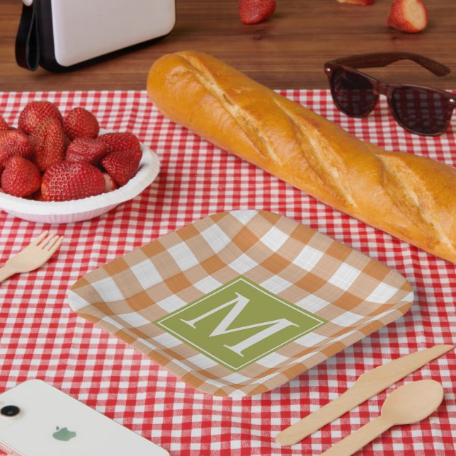 Custom Pumpkin Orange Green Picnic Gingham Pattern Paper Plates (Picnic)