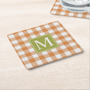 Custom Pumpkin Orange Green Picnic Gingham Pattern Square Paper Coaster
