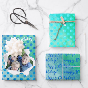Custom Punch Hole Photo Blue Dots On Green Wrapping Paper Sheets
