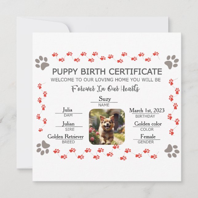Custom Puppy Birth Certificate Holiday Card (Front)