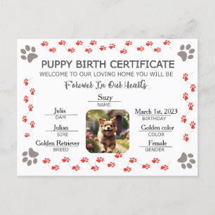 Custom Puppy Birth Certificate Holiday Postcard