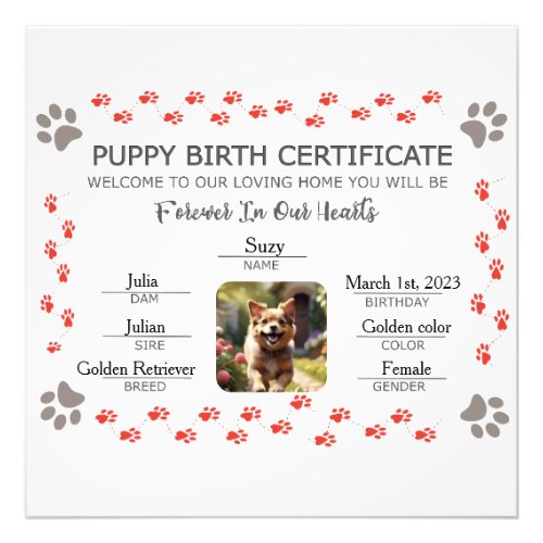 Custom Puppy Birth Certificate Photo Print