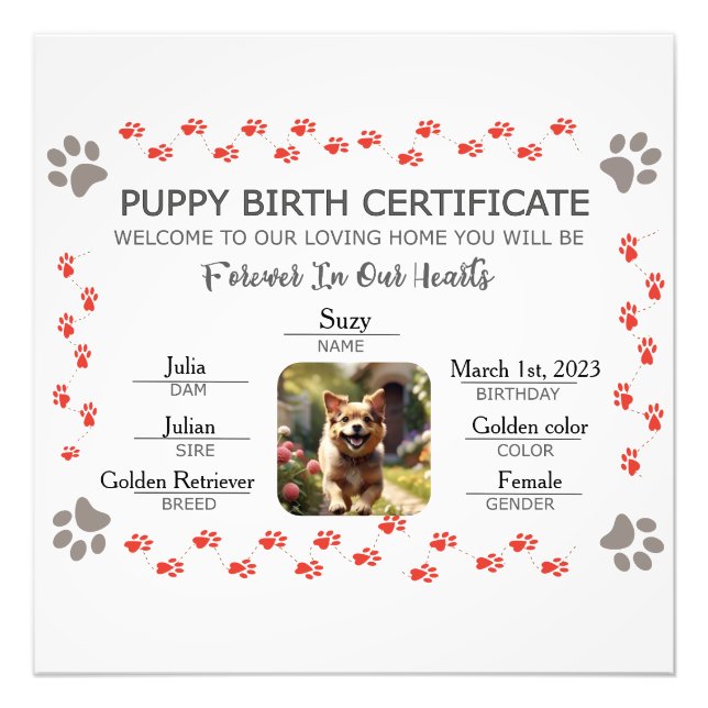Custom Puppy Birth Certificate Photo Print (Front)