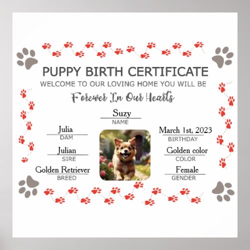 Custom Puppy Birth Certificate Poster