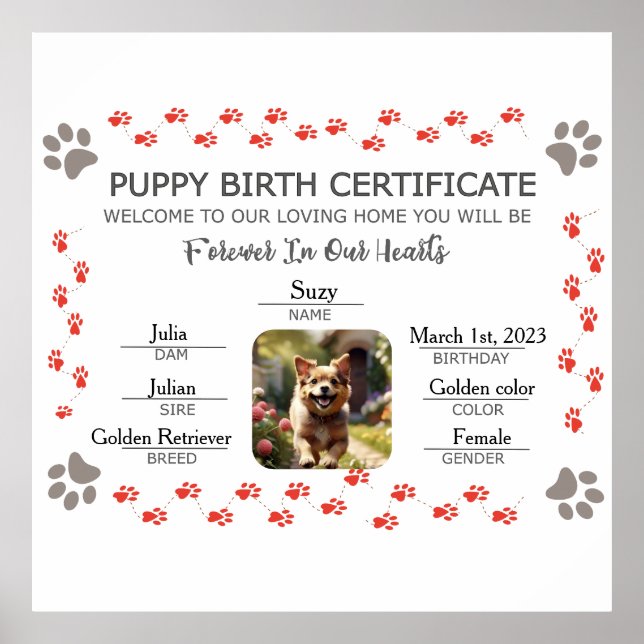 Custom Puppy Birth Certificate Poster (Front)