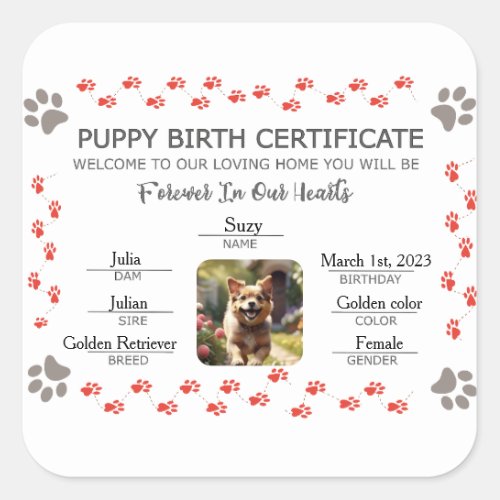 Custom Puppy Birth Certificate Square Sticker
