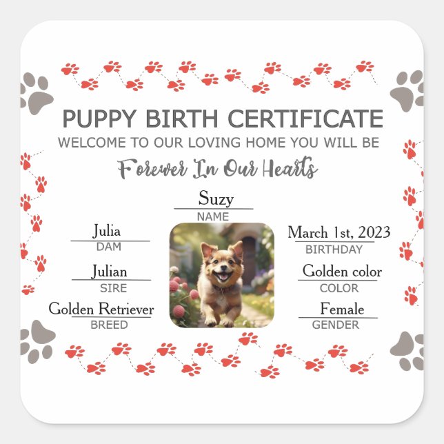 Custom Puppy Birth Certificate Square Sticker (Front)