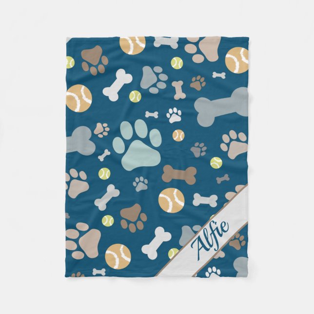 Custom Puppy Dog Paw Bone Pattern Fleece Blanket (Front)
