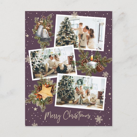 Custom Purple 3 Photo Collage Merry Christmas
