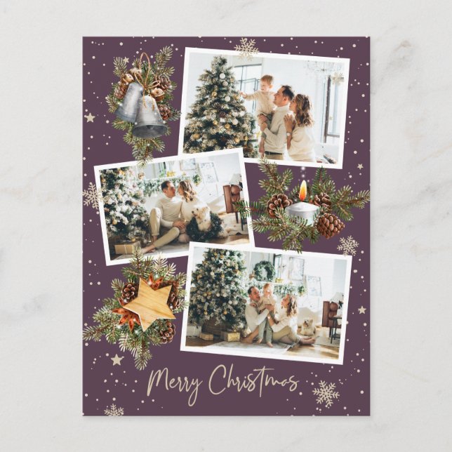 Custom Purple 3 Photo Collage Merry Christmas Postcard (Front)
