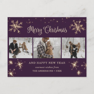 Custom Purple 3 Photo Merry Christmas Postcards
