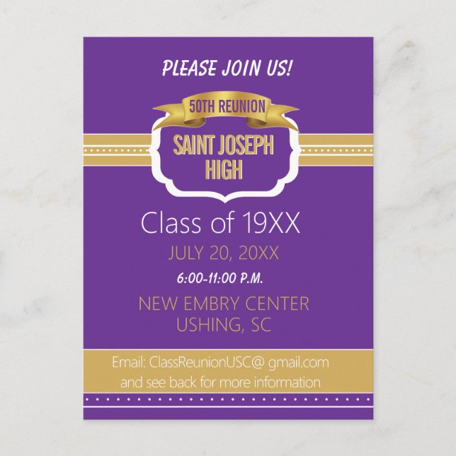 Custom Purple 50th Class Reunion Invite (Front)
