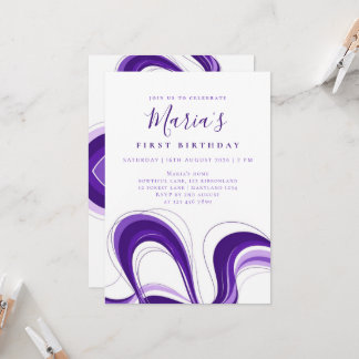 Custom Purple Abstract Wave First Birthday Invitation