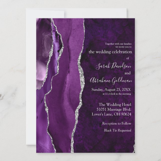 Custom Purple Agate Silver Glitter Wedding Invitation (Front)