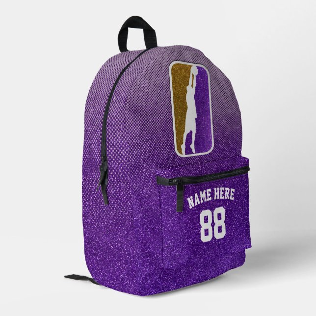 Custom Purple and Gold Faux Glitter Basketball  Printed Backpack (Back Corner Left)