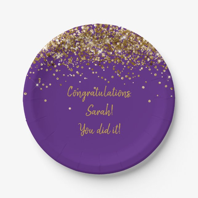 Custom Purple and Gold Graduation Party Glitter Paper Plates (Front)