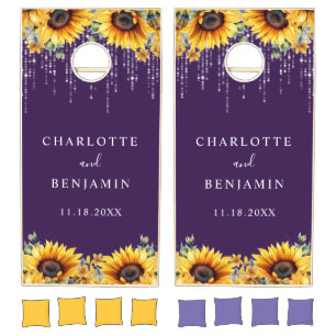 Custom Purple and Sunflower Fall Wedding Cornhole Set