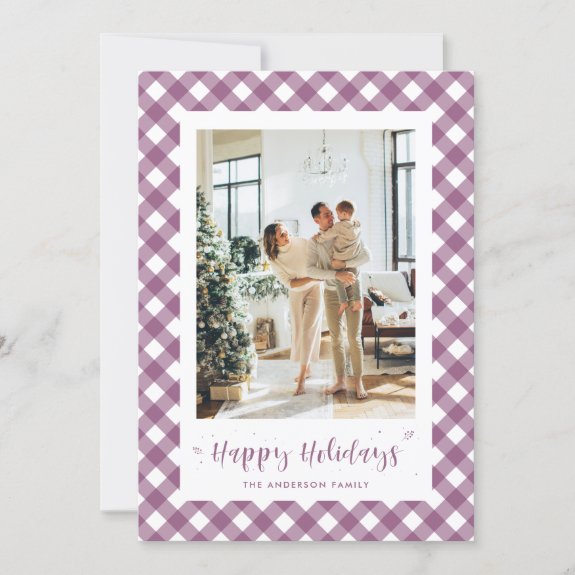 Custom Purple and White Plaid Photo Holiday Card