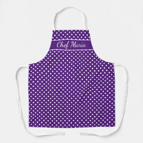 Custom purple and white polka dots print cooking apron