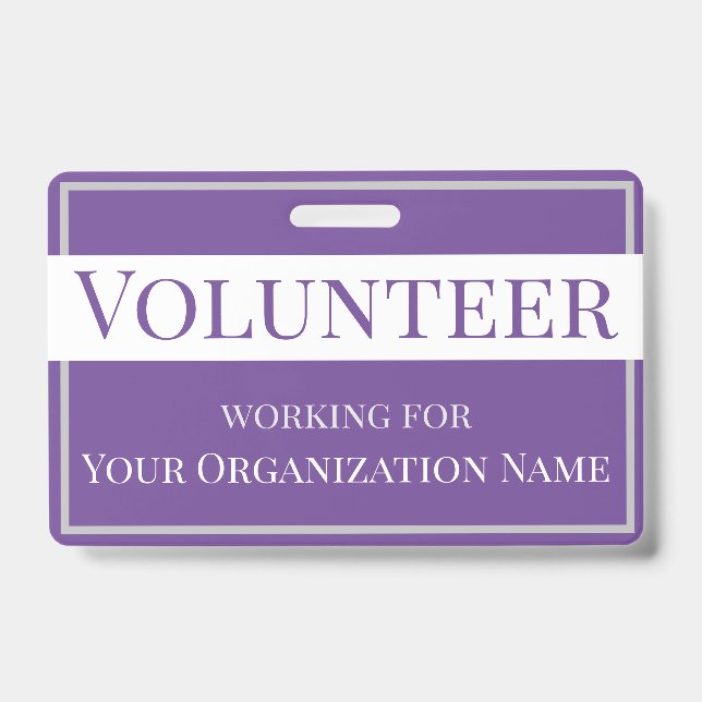 Custom Purple and White Volunteer ID Badge (Front)