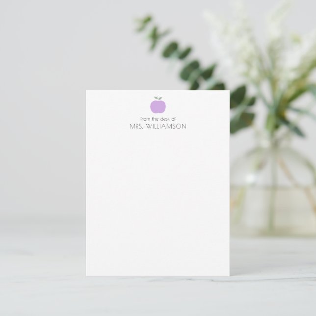 Custom Purple Apple From Desk Of Teacher Name Note Card (Standing Front)