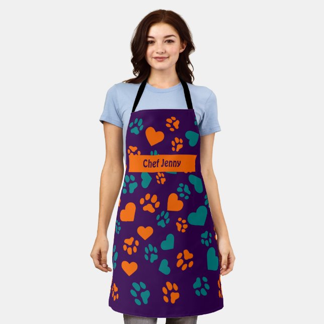 Custom Purple Apron with Orange & Teal Paw Prints (Worn)