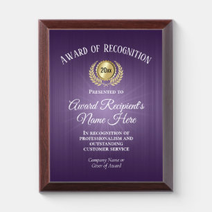 Custom Purple Award of Recognition Plaque