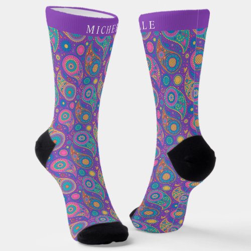 Custom Purple Blue Pink Paisley Pattern Socks