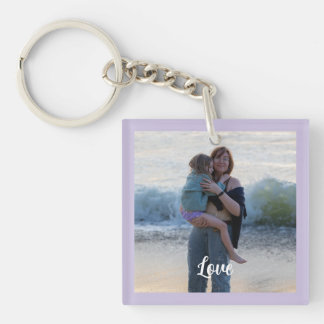 Custom Purple Border Photo White Love Script Keychain