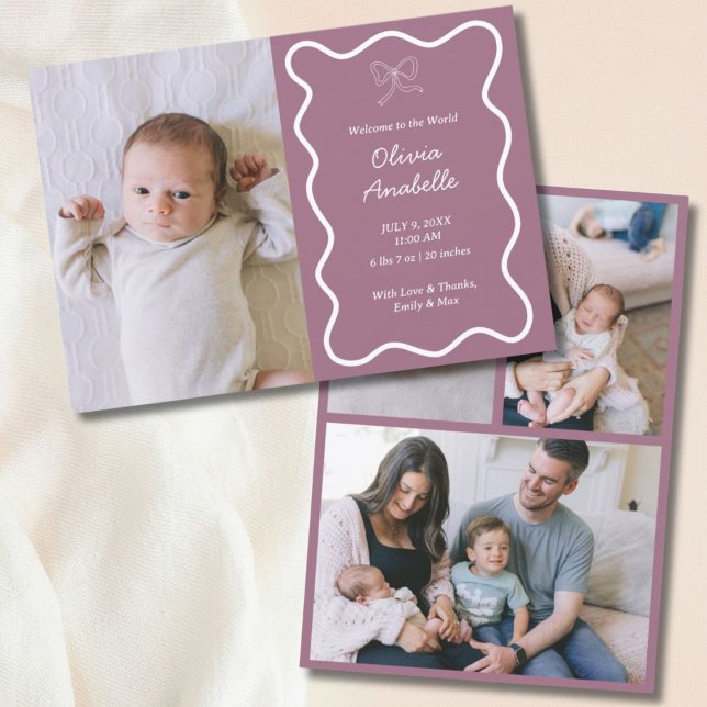 Custom Purple Bow Wavy Boho Collage Baby Birth Announcement (Custom Purple Bow Wavy Boho Collage Baby Birth Announcement
)