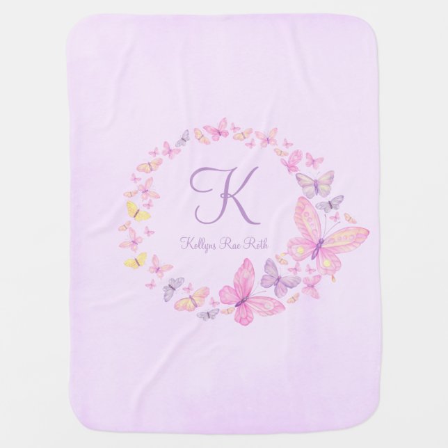 Custom Purple Butterfly Monogram Baby Blanket (Front)