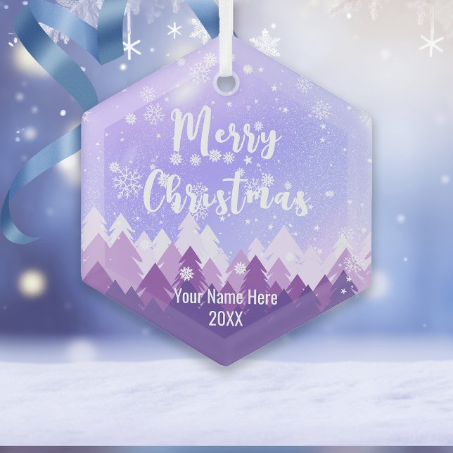 Custom Purple Crystal Snow Forest Merry Christmas Glass Ornament (Creator Uploaded)