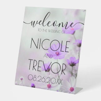 Custom Purple Dainty Flowers Welcome Wedding Pedestal Sign