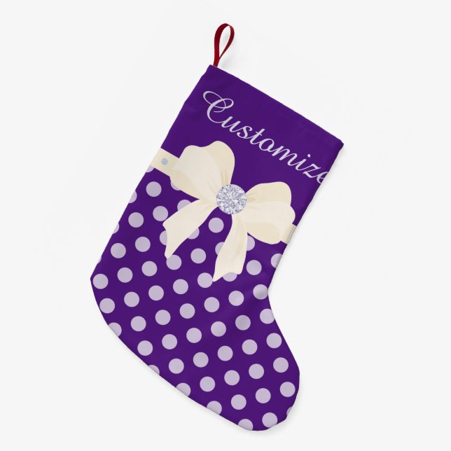 Custom Purple Dotted w/Cream Bow & Diamonds Small Christmas Stocking (Front (Hanging))