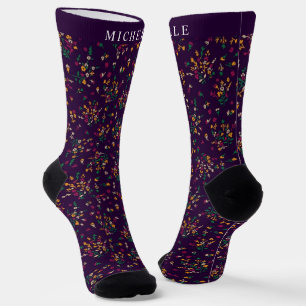 Custom Purple Floral Green Yellow White Flowers Socks