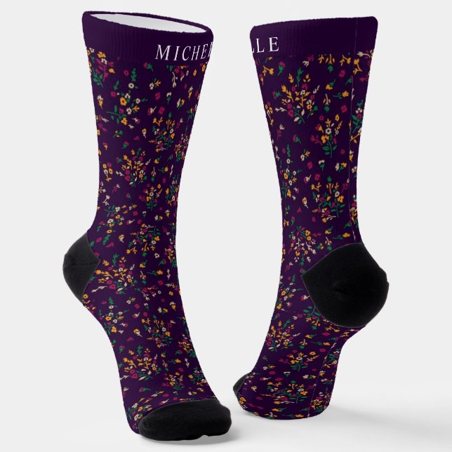 Custom Purple Floral Green Yellow White Flowers Socks (Angled)