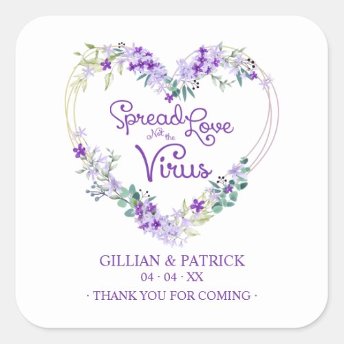 Custom Purple Floral Heart Wedding Sanitizer Gel Square Sticker