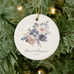 Custom Purple Floral Watercolor Wedding Favor Ceramic Ornament<br><div class="desc">Celebrate the love and commitment of newlyweds or mark a special anniversary with this elegant ceramic ornament. Featuring a beautiful watercolor design in shades of purple, the ornament is personalized with the bride and groom's names and their wedding date. The delicate floral accents create a romantic and timeless keepsake that...</div>