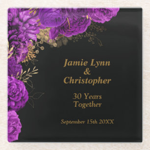 Custom Purple Floral Wedding Anniversary Glass Coaster