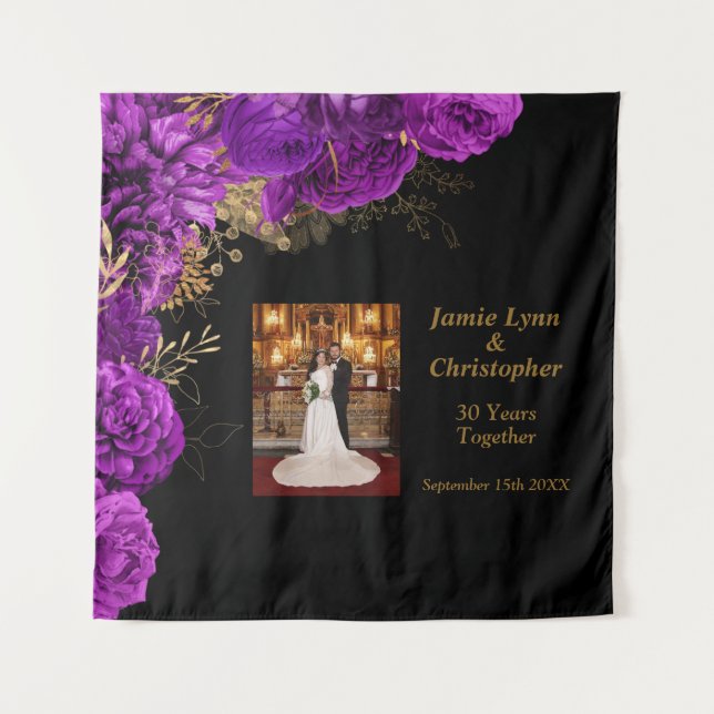 Custom Purple Floral Wedding Anniversary Tapestry (Front)
