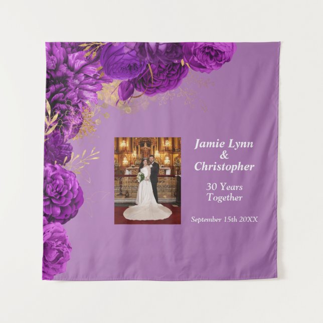 Custom Purple Floral Wedding Anniversary Tapestry (Front)