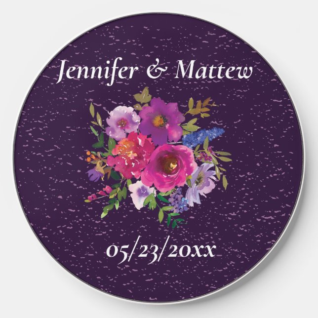 Custom Purple Floral Wedding Wireless Charger (Front)
