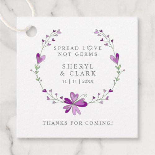 Custom Purple Floral Wreath Wedding Sanitizer Gel Favor Tags