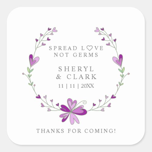 Custom Purple Floral Wreath Wedding Sanitizer Gel Square Sticker