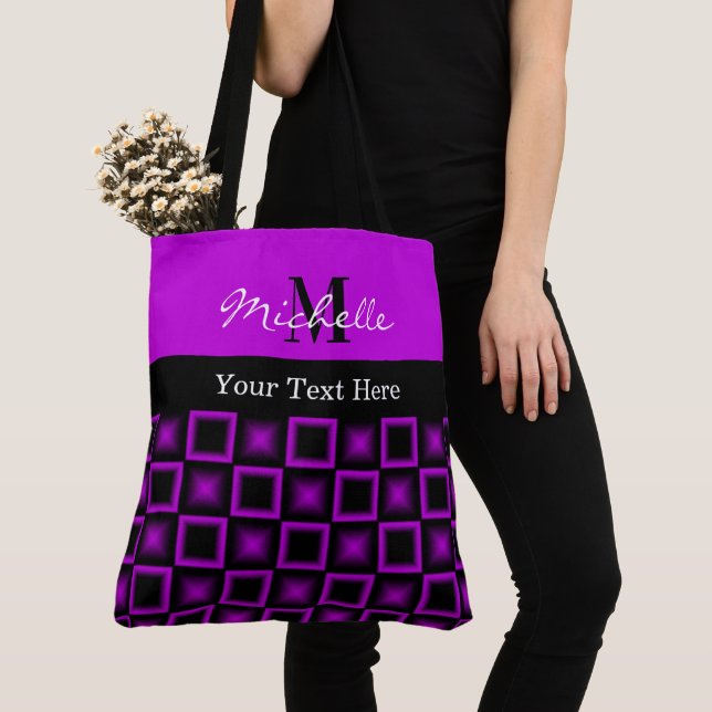 Custom Purple Geometric Pattern Name Monogram Tote Bag (Close Up)