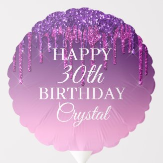 Custom Purple Glitter Drip Happy Birthday Balloon