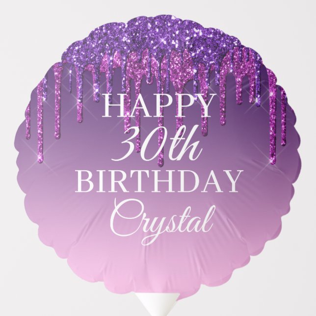 Custom Purple Glitter Drip Happy Birthday Balloon (Front)